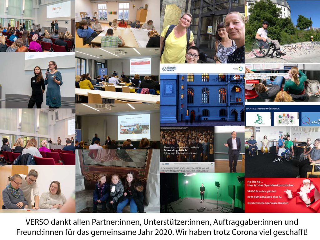 Eine Collage aus verschiedenen Fotos. Auf den Fotos sind Momente des Jahres 2020 festgehalten. Der Untertitel der Collage lautet: VERSO dankt allen Partner:innen, Unterstützer:innen. Auftraggeber:innen und Freund:innen für das gemeinsame Jahr 2020. Wir haben trotz Corona viel geschafft!