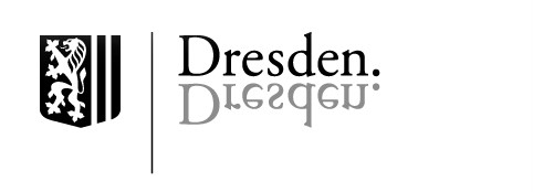 Logo der Stadt Dresden. Links das Stadtwappen mit einem Löwen in einer Flagge, daneben der Schriftzug Dresden schwarz und darunter gespiegelt in grau.