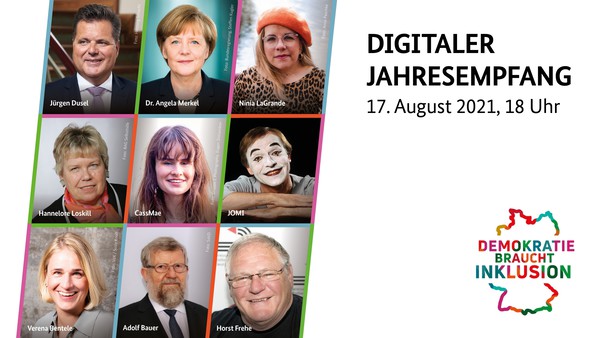Bühnenbild des digitalen Jahresempfangs, Porträts von Frau Dr. Merkel, Herr Dusel und anderen Gästen