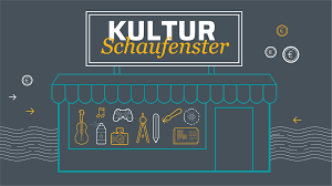 Logo des Kulturschaufensters: Laden mit großem Schaufenster. Darüber ein Schild, erste Zeile Kultur, zweite Zeile Schaufenster.