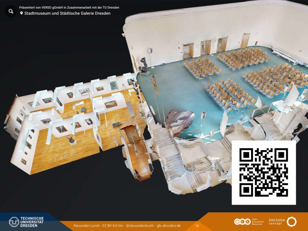 3D-Scan des Festsaals des Museums auf der Leinwand