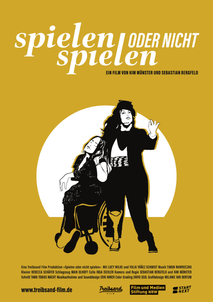 Plakat zur Ankündigung des Films. Orange mit schwarzen Figuren der Schauspielerinnen vor Scheinwerferlicht
