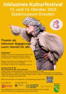 Plakat des Kulturfestivals, gelber Hintergrund, weiße Überschrift, Foto von einem Hamlet und schwarzer Text zu den Veranstaltungsdaten 