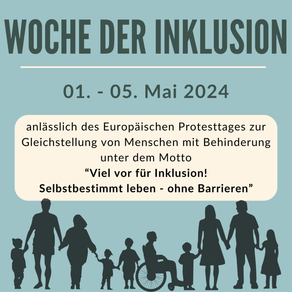 Woche der Inklusion 1. bis 5. Mai 2024, darunter schwarze Silhouetten händehaltender Personen mit und ohne Behinderungen 
