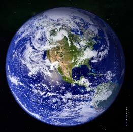 schwarzer Hintergrund mit blauer Erdkugel davor, Aufnahme aus Weltall