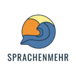 Sprechblase in orange, gelb, blau geteilt, darunter in blauen Großbuchstaben Sprachenmehr