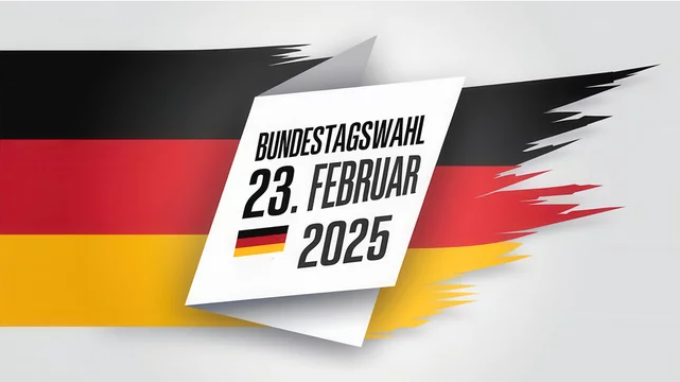 Angedeutete Deutschlandflagge und Hinweis auf die Wahl am 23. Februar 2025