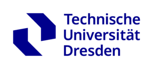 Logo der TUD, zwei blaue sich gegenüberliegende Rhomben, rechts daneben auf 3 Zeilen der blaue Schriftzug, technische, Univerität, Dresden