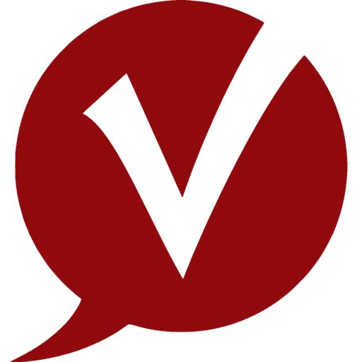 Abgebildet ist das Verso-Emblem in Form einer roten Sprechblase mit einem großen, freigestellten V.