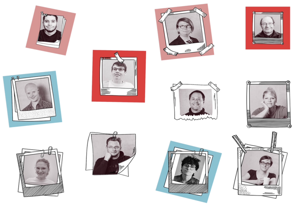 Porträts der Teammitglieder in bunten Bilderrahmen