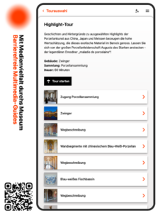 Senkrecht Logo und Schriftzug der SKD neben einem Bildschirm, der den Multimediaguide zeigt, nach kurzem Text kommen untereinander Abbildungen und Namen der angebotenen Museumtouren