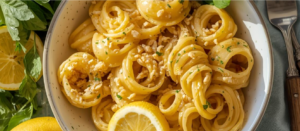 Eine Schüssel mit eingedrehten Linguine in Zitronensoße, dekoriert mit einer Zitronenscheibe und Parmesan